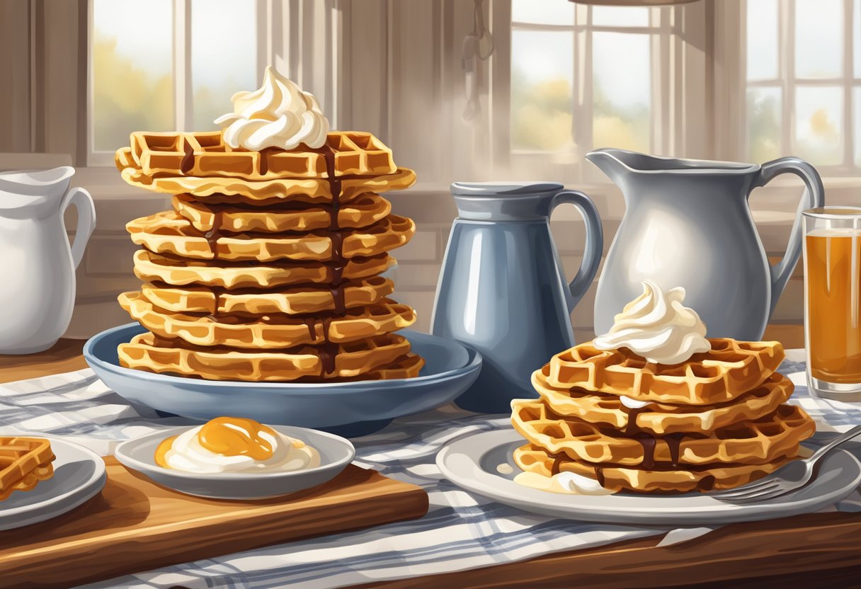 A rustic kitchen table with a stack of golden, crispy waffles, a pitcher of maple syrup, and a dollop of whipped cream on top