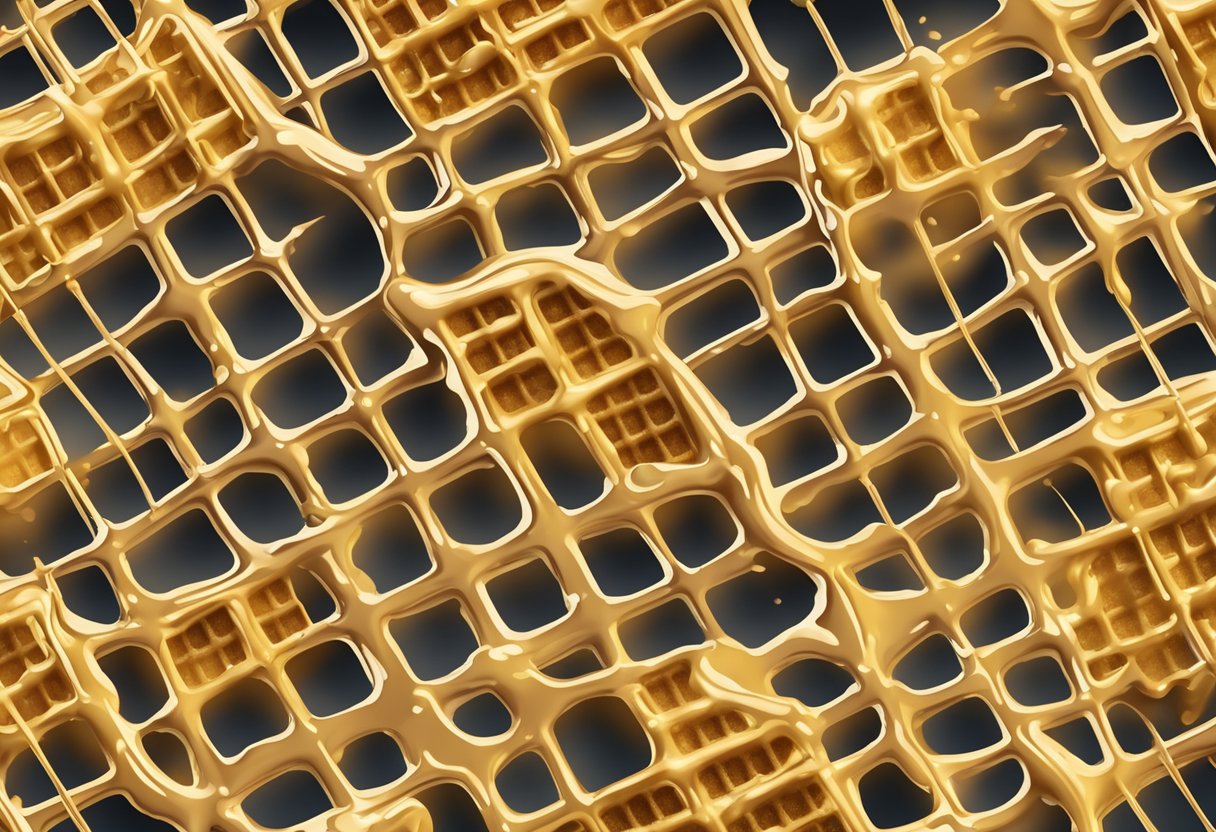 Golden waffle batter sizzling on a hot griddle, steam rising, creating crispy, textured surface