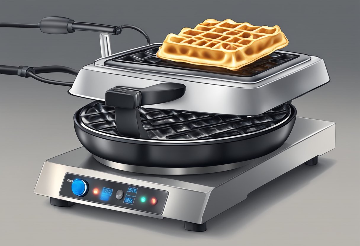 A waffle iron sizzling with heat, emitting steam as batter is poured in, creating perfectly crispy waffles