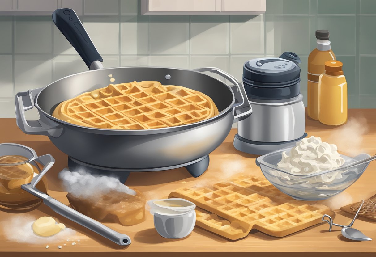 A mixing bowl with waffle batter, a whisk, and various ingredients scattered on a kitchen counter. A waffle iron sits nearby, emitting steam as a perfectly crispy waffle cooks inside
