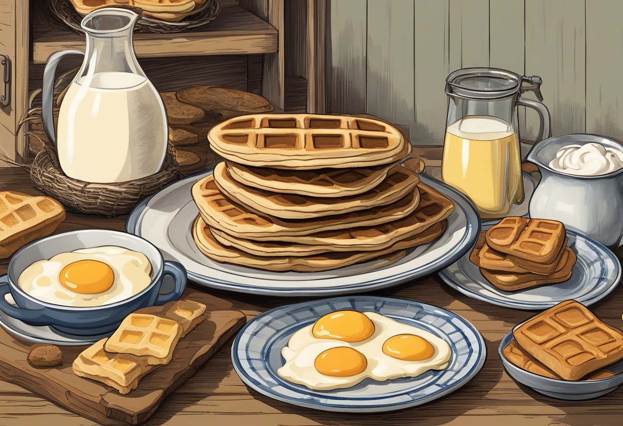 A rustic kitchen table displays a spread of fresh bread, eggs, and milk, with a vintage skillet and waffle iron nearby. A stack of pancakes, a plate of french toast, and a golden waffle sit on antique plates, evoking a