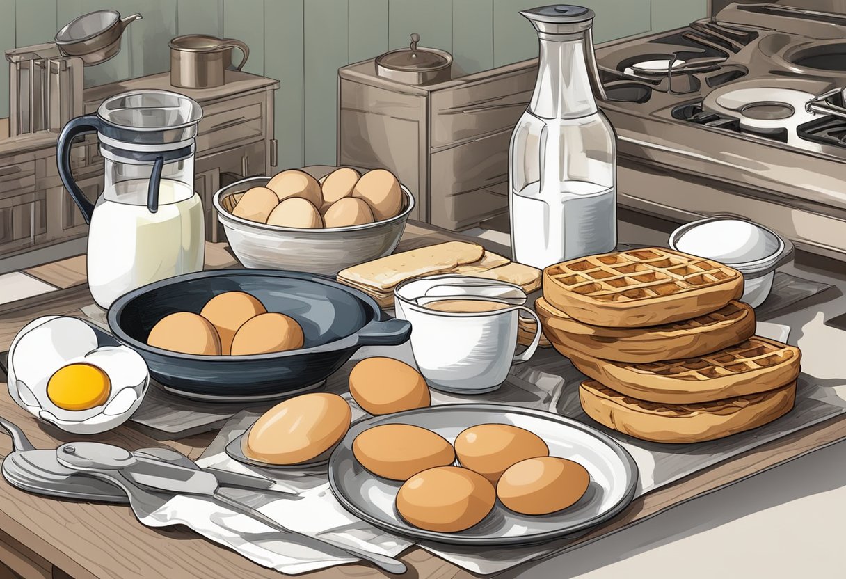 A table set with eggs, milk, bread, and syrup. Mixing bowls and a whisk sit nearby. A griddle and waffle iron are ready for cooking