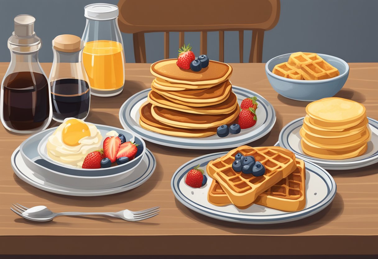 A table is set with a platter of golden brown french toast, a stack of fluffy pancakes, and a plate of crispy waffles. Bowls of assorted toppings and syrups are arranged nearby