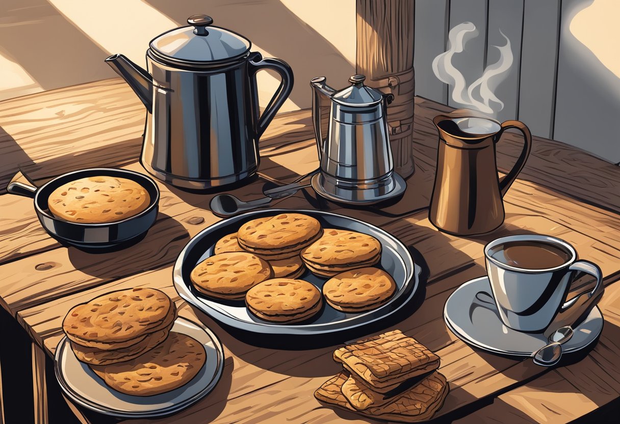 A rustic table set with cowboy essentials: coffee pot, tin cups, biscuits, and a skillet sizzling with bacon. Sunrise illuminates the scene