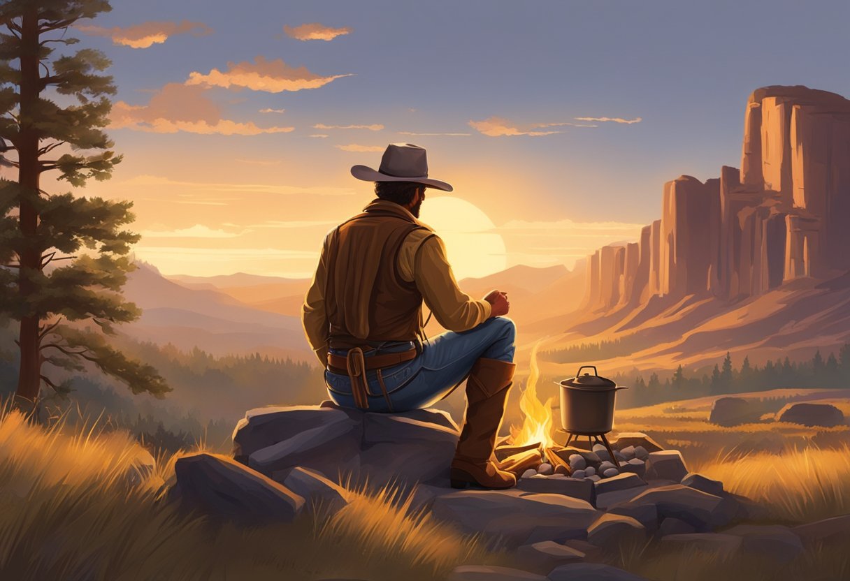 A cowboy sits by a campfire, cooking breakfast over an open flame. The morning sun rises over a rugged western landscape