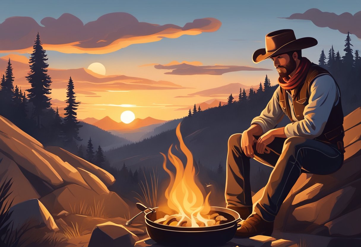 A cowboy sits by a campfire, cooking breakfast on a cast iron skillet. The sun rises over the horizon, casting a warm glow on the rugged landscape
