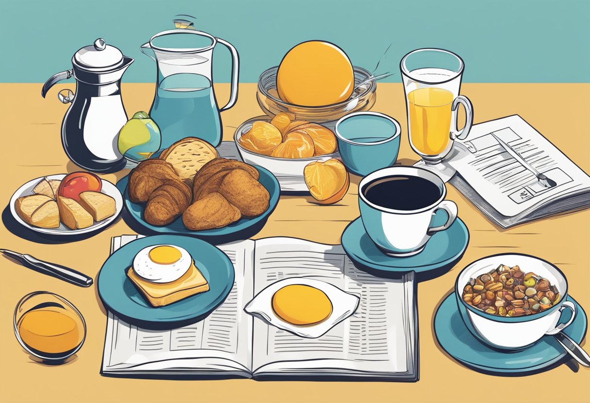 A table set with various breakfast foods, surrounded by patent documents and trademarks. A lightbulb hovers above the spread, symbolizing innovation