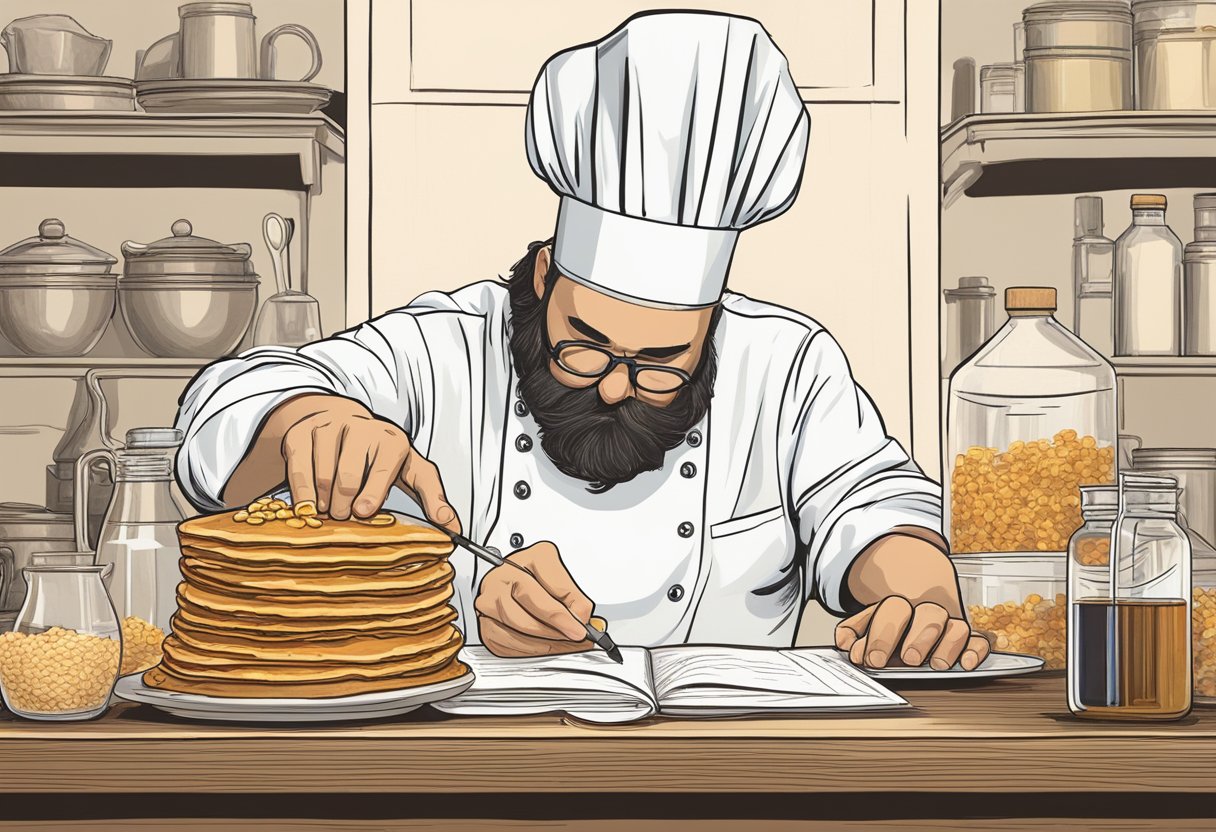 A chef's hat sits atop a table with a stack of pancakes, a bowl of cereal, and a bottle of syrup. A hand reaches for a pen and paper to begin the patent process