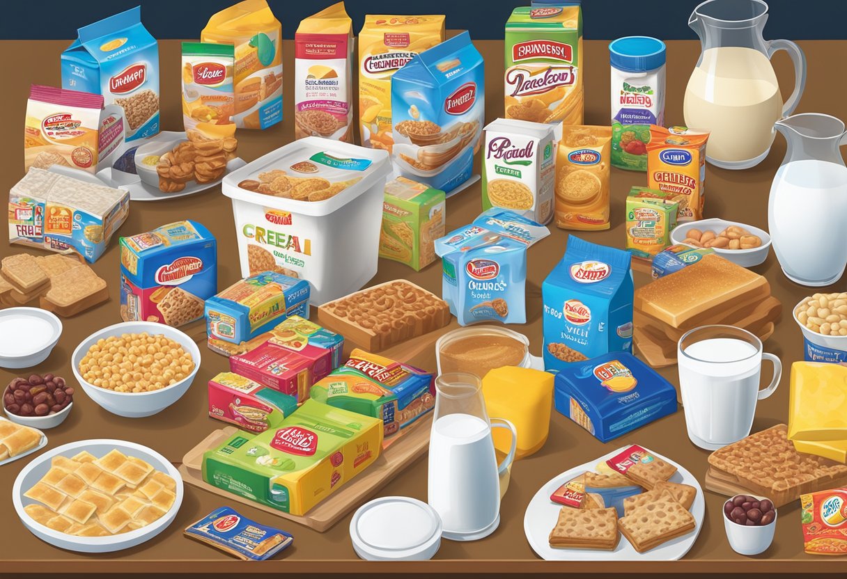 A table filled with trademarked breakfast brands and products, including cereal boxes, milk cartons, and toaster pastries, arranged neatly for display