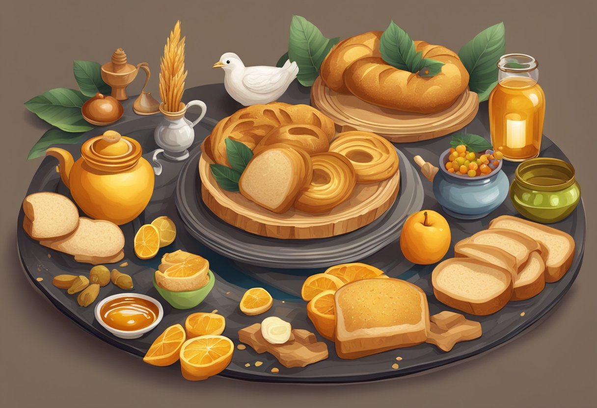 A table set with offerings of bread, fruits, and honey, surrounded by symbols of ancient gods and goddesses from various cultures