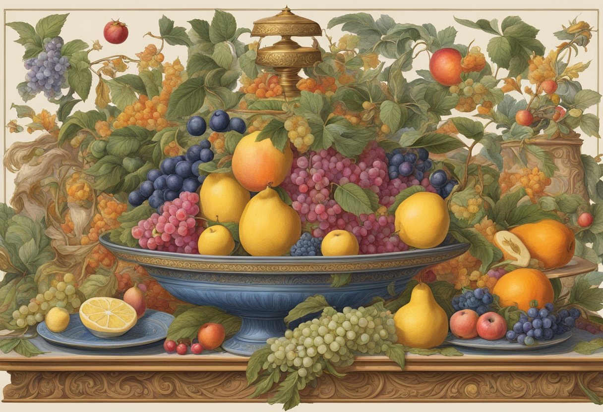 A table adorned with celestial fruits, nectar, and ambrosia, surrounded by mythical creatures and divine symbols