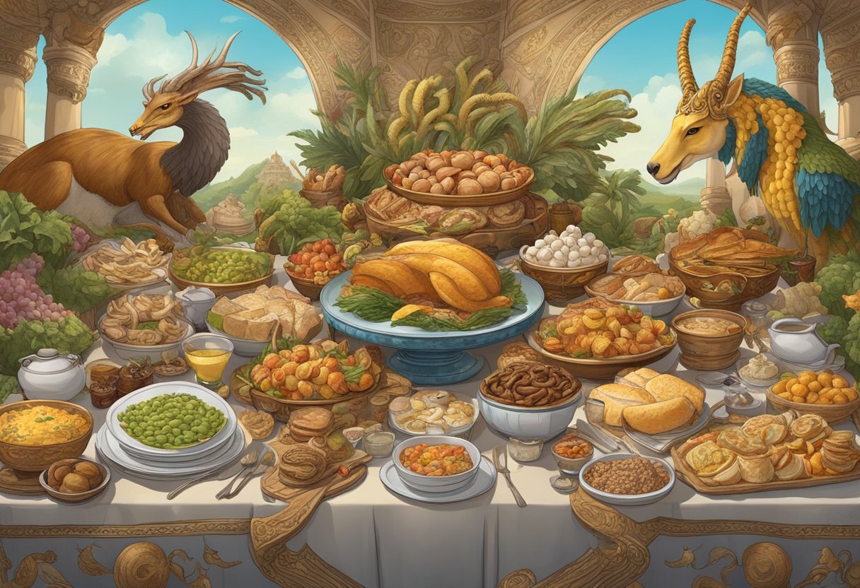 The scene depicts a grand banquet table adorned with ancient breakfast foods, surrounded by mythical creatures and gods from various cultures