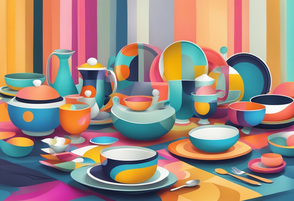 A table set with abstract, colorful dishes and utensils, surrounded by vibrant, geometric shapes and patterns