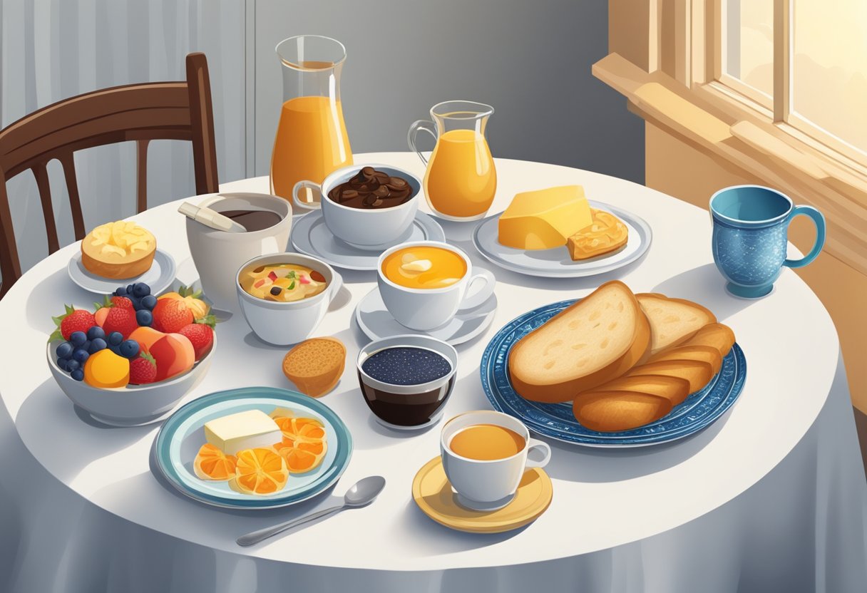 A table set with a variety of breakfast foods, including bread, fruit, and cheese. A steaming cup of coffee or tea sits next to a vase of flowers