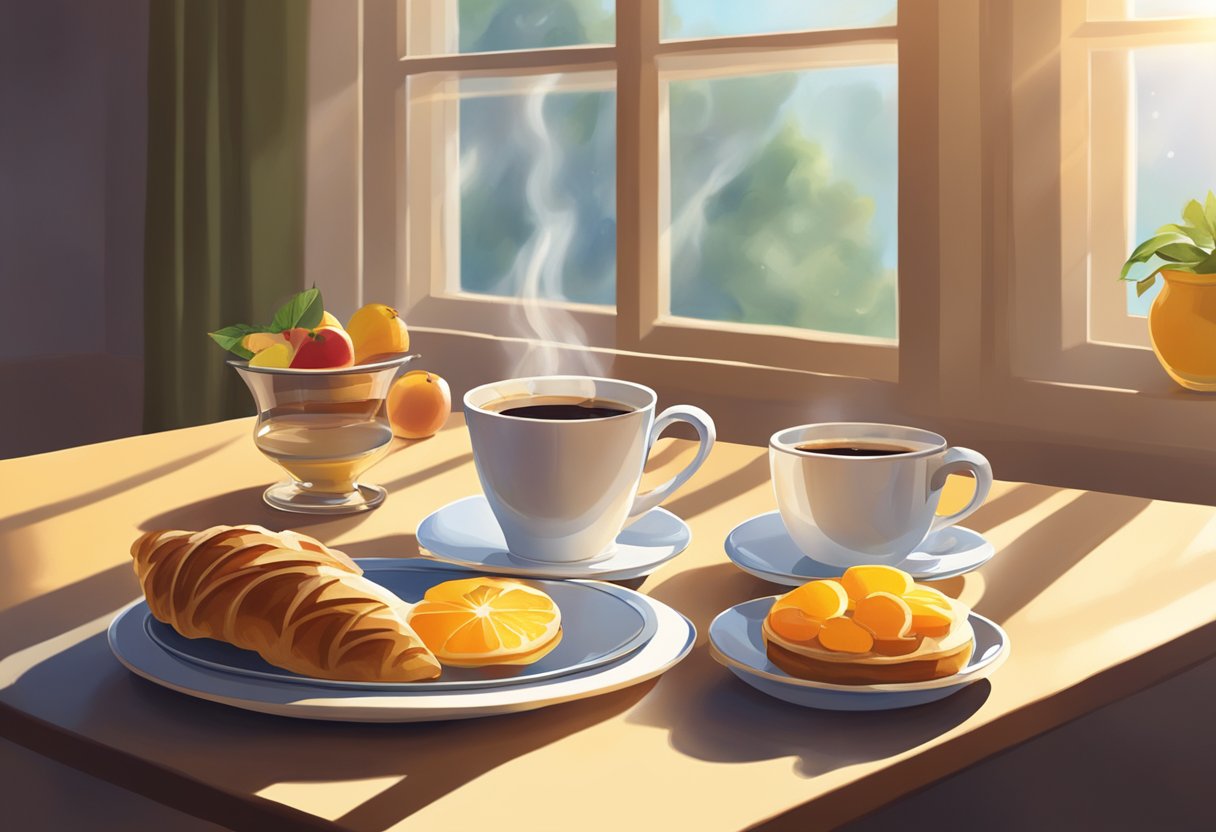A table set with a classic breakfast spread: steaming coffee, fresh pastries, and a bowl of fruit. Sunlight streams through a window, casting warm shadows on the scene