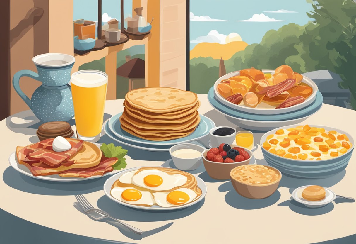 A table set with a variety of breakfast foods, including pancakes, eggs, bacon, and fruit. A banner with the words "Breakfast Foods" and vintage advertising posters in the background