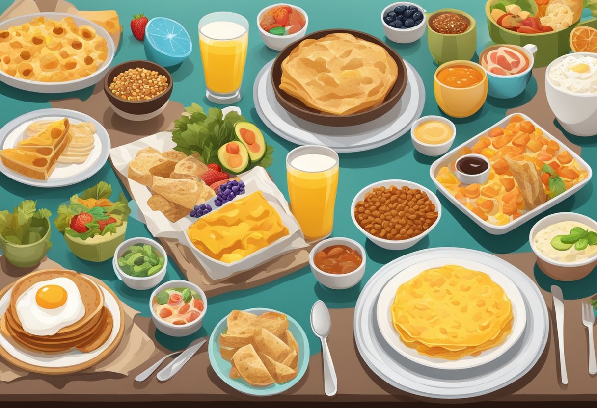 A table set with a variety of breakfast foods from different cultures, surrounded by colorful advertising posters from around the world