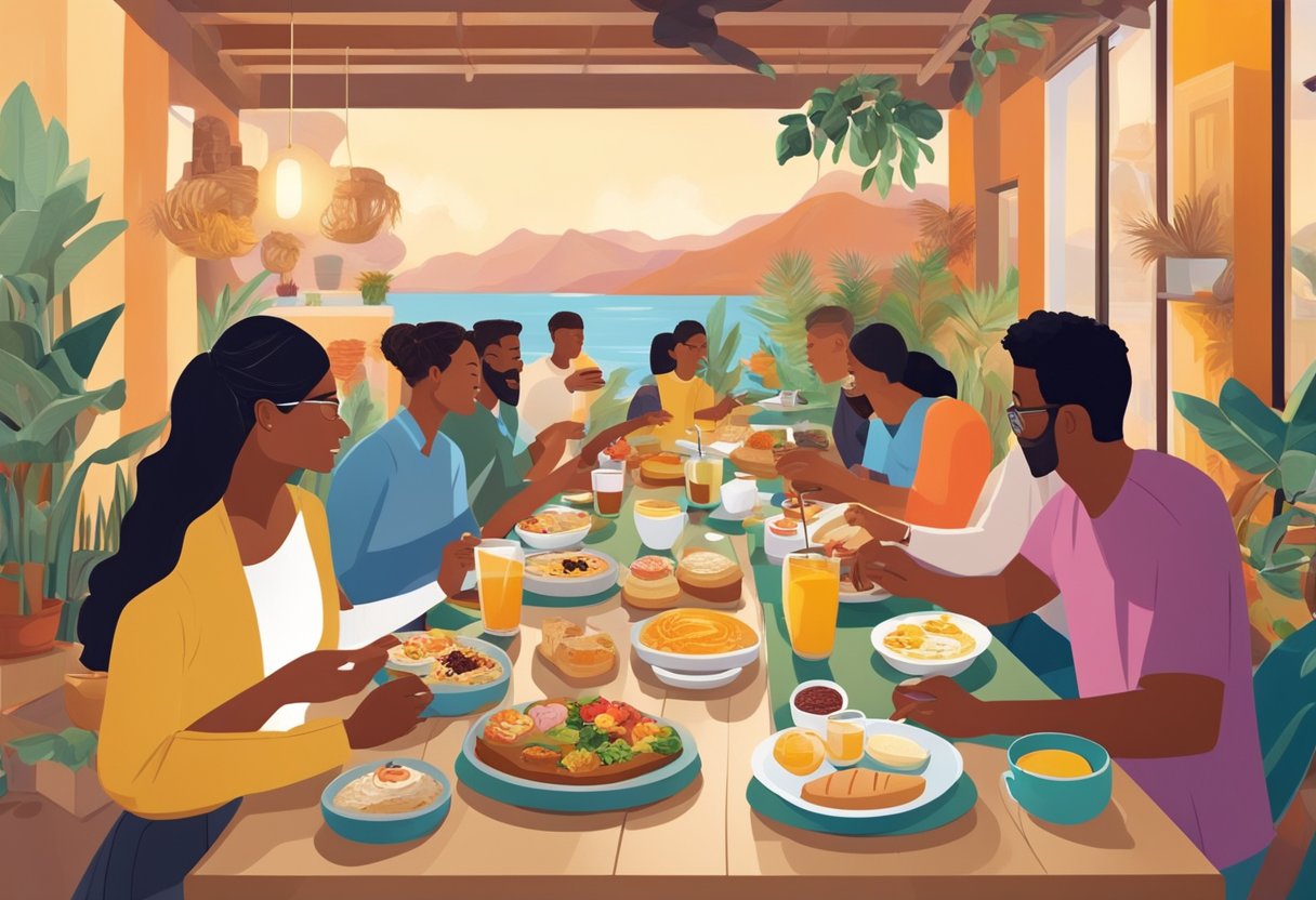 A diverse group of people enjoying breakfast from different cultures, with various breakfast foods and beverages displayed in a vibrant and inviting setting