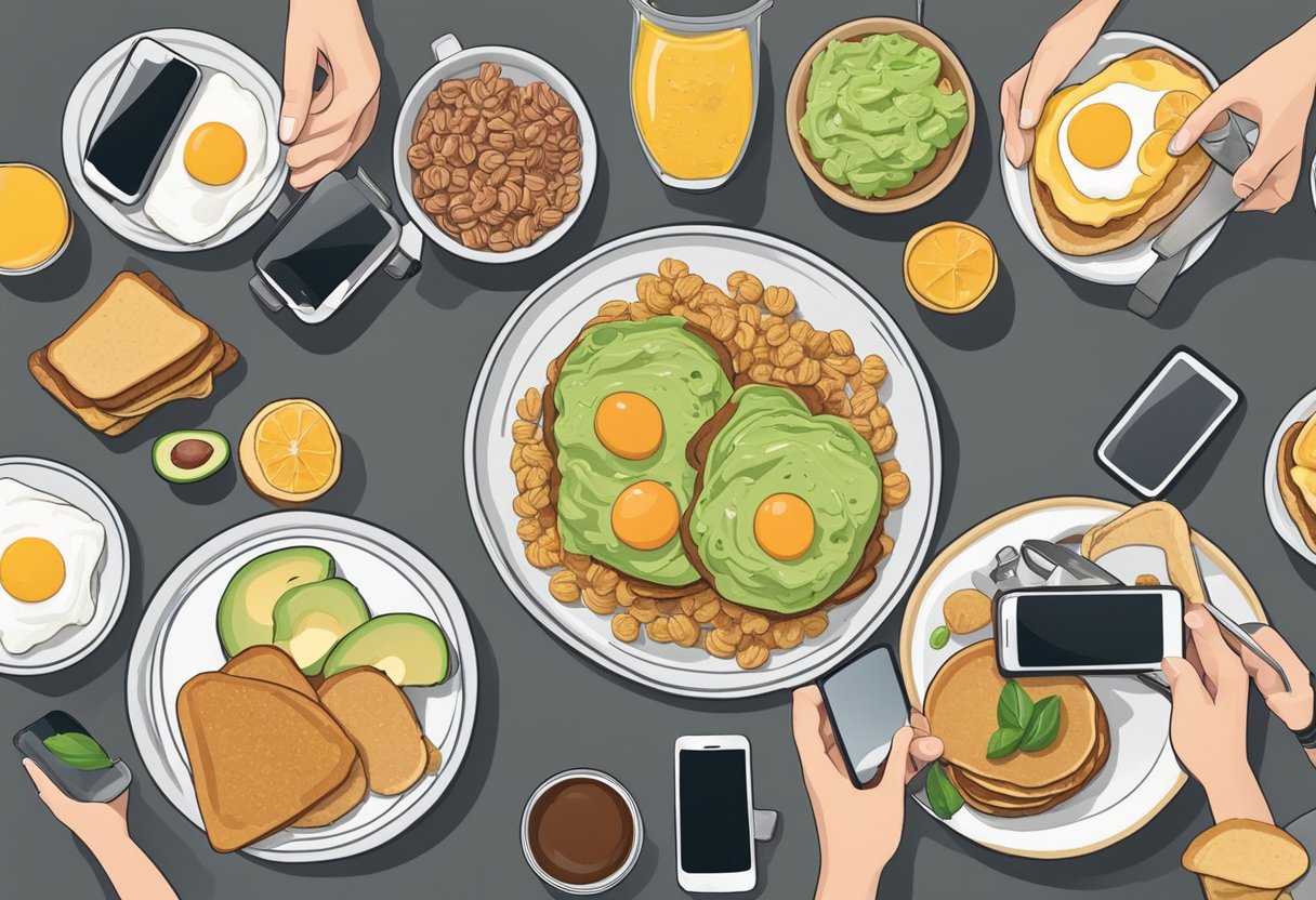 A table set with a variety of breakfast foods, including avocado toast, cereal, and pancakes, surrounded by smartphones capturing the meal, symbolizing the viral nature of breakfast foods in meme culture