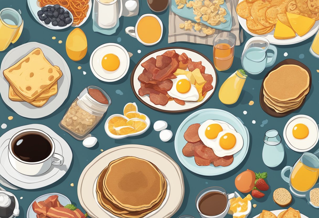 A table with a spread of iconic breakfast foods like pancakes, bacon, eggs, and cereal, surrounded by speech bubbles with popular meme phrases