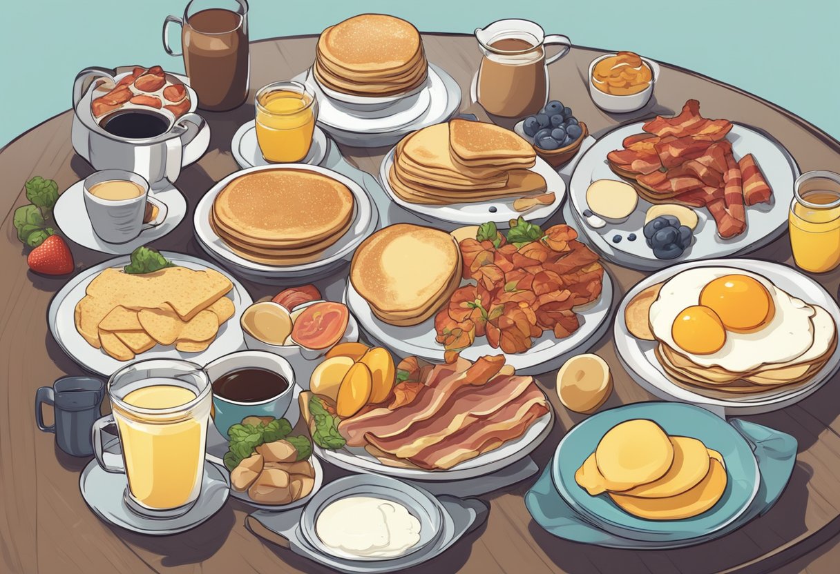 A table with various breakfast foods (eggs, bacon, pancakes) surrounded by speech bubbles with popular internet memes related to breakfast