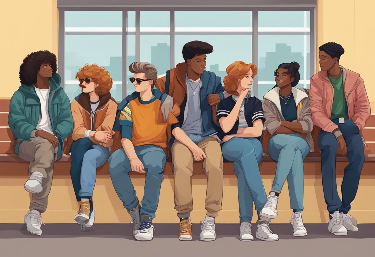 A group of diverse characters gather in a high school setting, showcasing different archetypes and dynamics. The scene captures the evolution of the Breakfast Club in pop culture