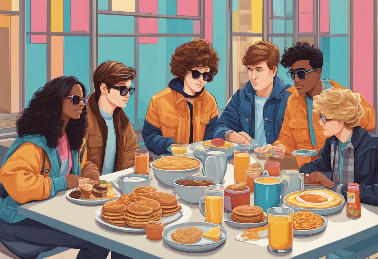 A diverse group of iconic breakfast items, from cereal to pancakes, sit together in a vibrant, retro-inspired setting, symbolizing the enduring impact of "The Breakfast Club" on pop culture
