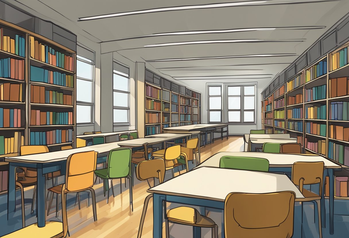 A high school library with scattered books and papers, a row of lockers in the background, and a table with five mismatched chairs