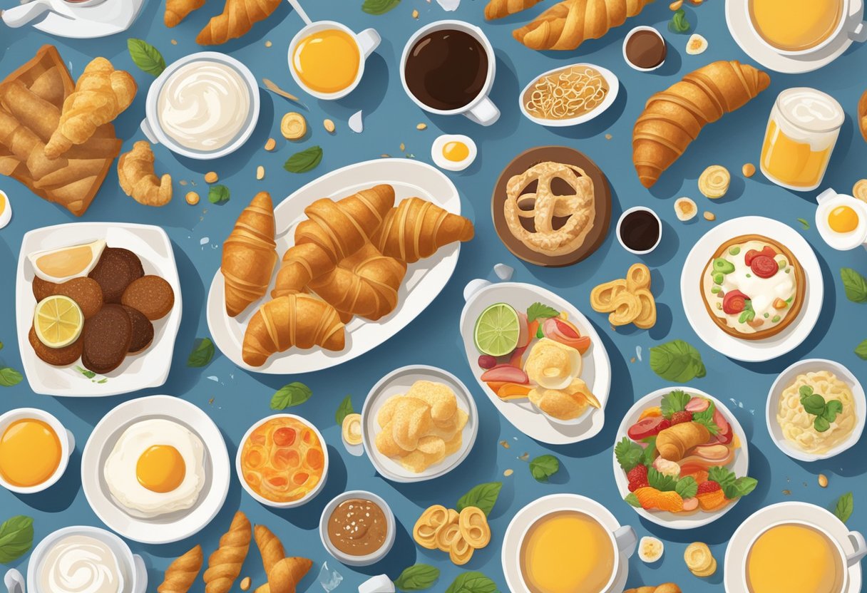 A table set with a variety of breakfast foods from around the world, including croissants, bagels, congee, and churros. Music notes float in the air above the spread