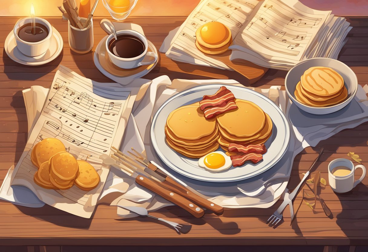 A table set with pancakes, bacon, and eggs, surrounded by musical instruments and sheet music. A sunrise casts a warm glow over the scene
