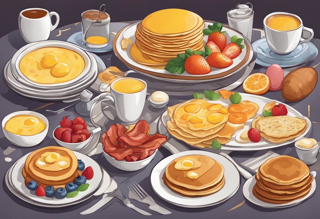 A table set with a colorful array of breakfast foods, including pancakes, eggs, bacon, and fruit, surrounded by musical notes and lyrics