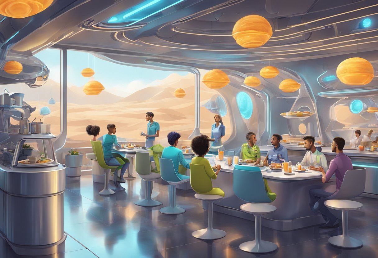 A futuristic space cafe with floating breakfast dishes and robotic waiters serving alien customers