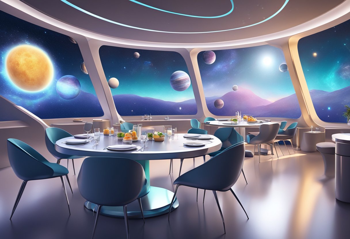A futuristic dining area in space, with sleek metallic tables and chairs, large windows offering a view of stars and planets, and floating holographic menus displaying a variety of breakfast options