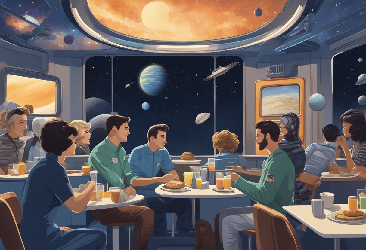 Customers enjoy breakfast in space-themed diner, surrounded by vintage sci-fi film clips and starry night sky