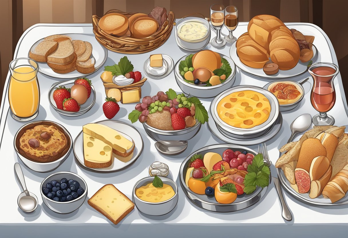 A table set with a variety of breakfast foods, including bread, cheese, fruits, and meats, arranged in an ornate and elegant manner