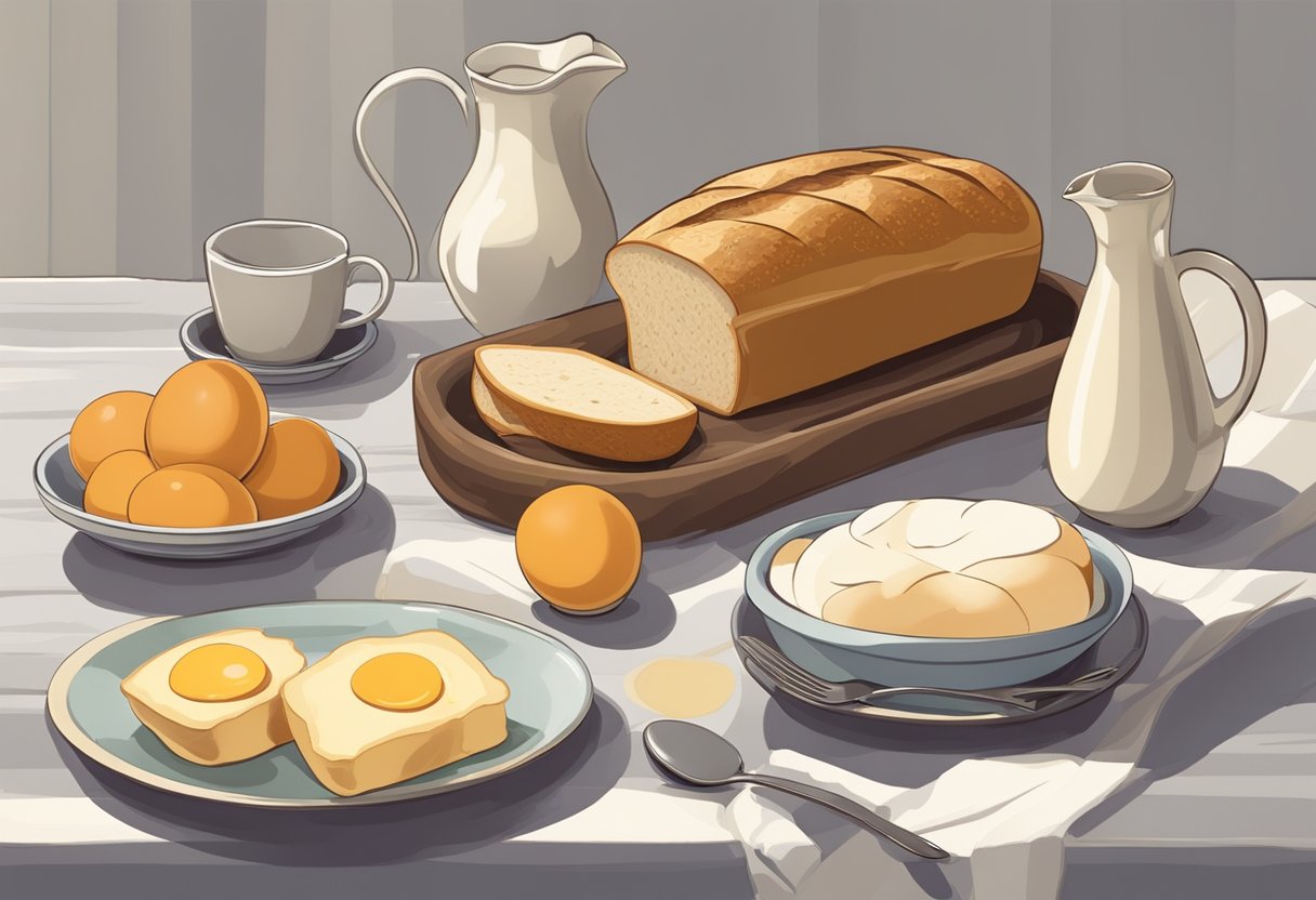 A table set with a loaf of bread, a bowl of fruit, a carton of eggs, and a pitcher of milk, evoking a sense of simplicity, sustenance, and tradition