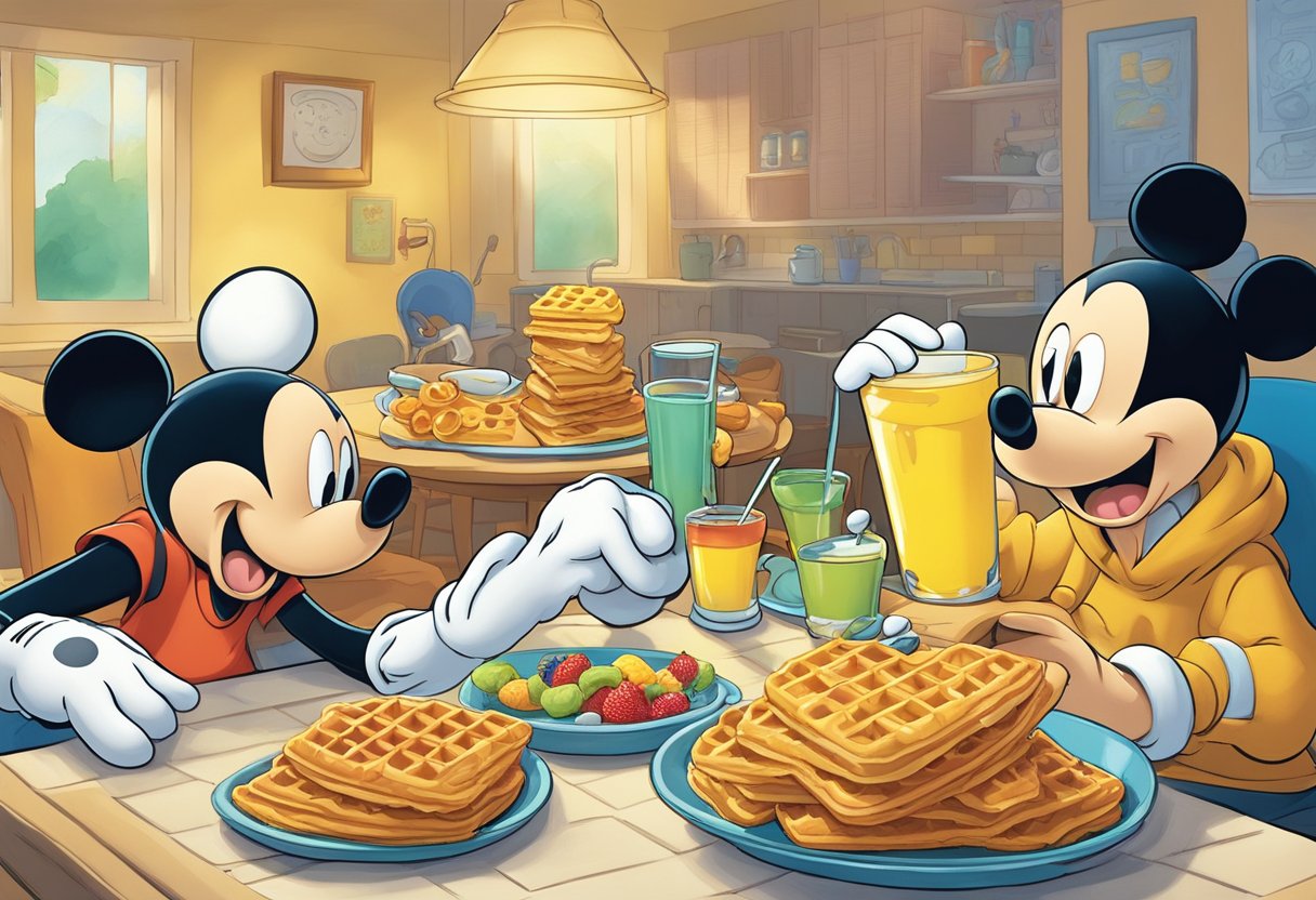 Cartoon characters enjoy breakfast: Mickey Mouse eats waffles, Scooby-Doo devours a giant sandwich, and SpongeBob slurps down a bowl of cereal