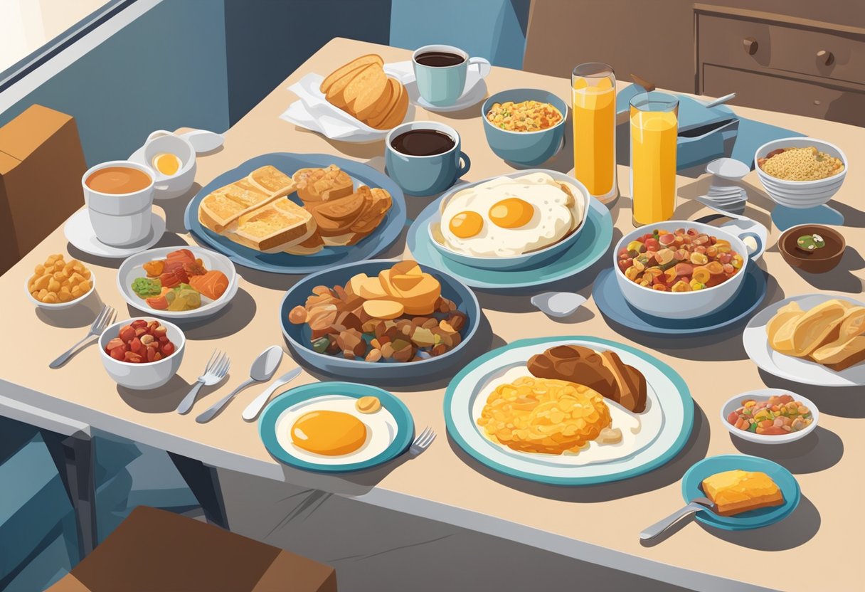 A table set with a variety of breakfast foods, surrounded by TV screens playing episodes of different shows dedicated to breakfast