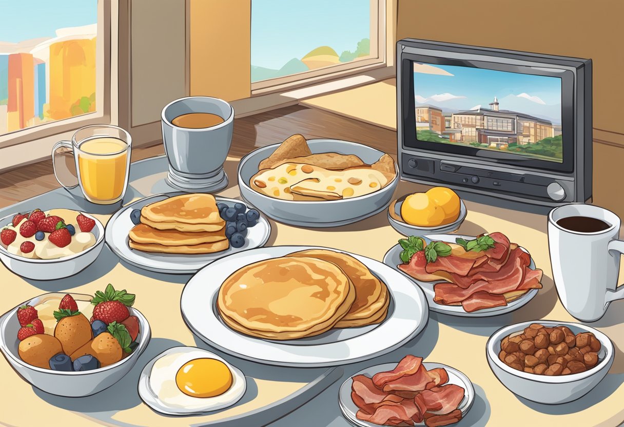 A table set with various breakfast foods, including pancakes, eggs, bacon, and fruit. A TV screen in the background shows a breakfast-themed episode