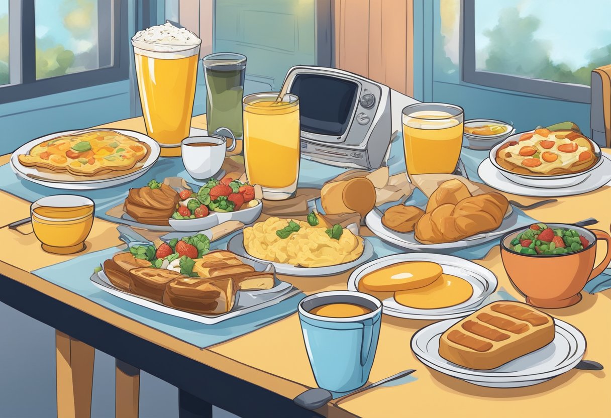A table set with various breakfast foods, TV screen showing different breakfast TV shows, character development evident through changing expressions