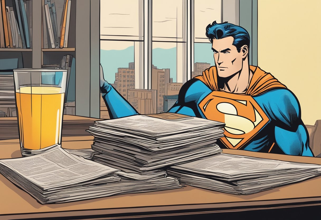 A stack of vintage comic books sits on a table, with a bowl of cereal and a glass of orange juice nearby. A superhero costume hangs on the wall in the background