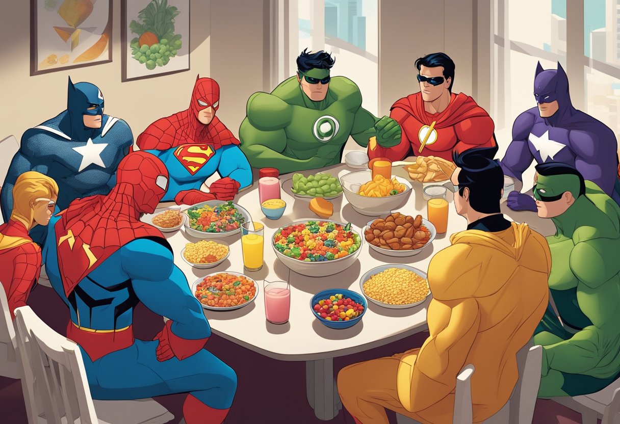 Superheroes gather around a table with a spread of colorful and nutritious breakfast foods, including fruits, cereals, and protein shakes. Their costumes are draped over chairs as they fuel up for a day of crime-fighting
