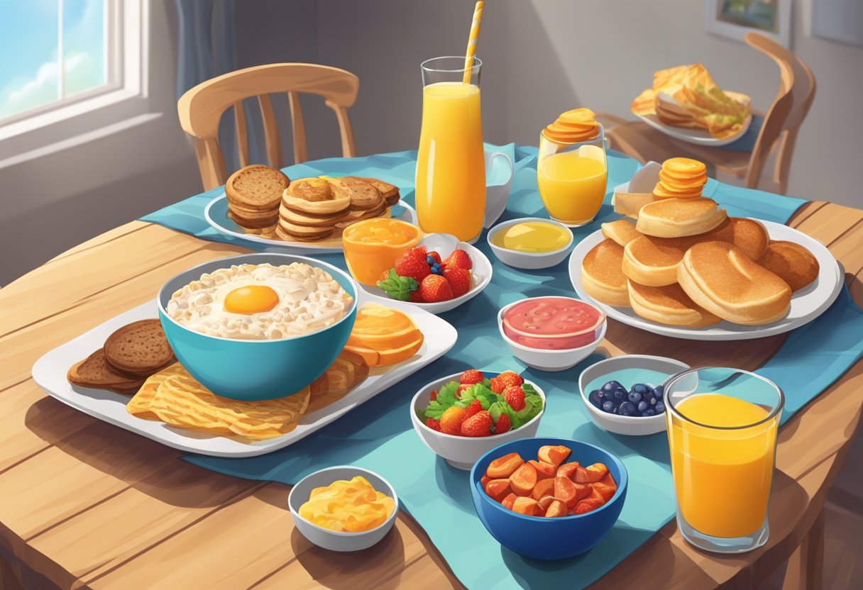 A table set with a colorful spread of breakfast foods, with a superhero costume draped over a chair in the background