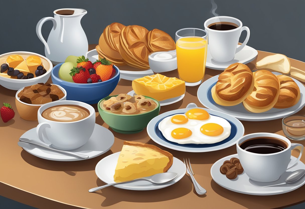 Prominent artists' breakfast items displayed on a table with a variety of foods and beverages, such as coffee, fruit, pastries, and eggs