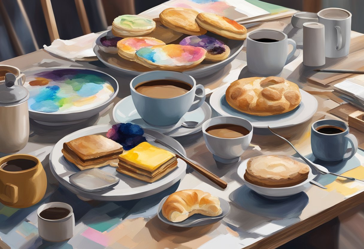 An artist's palette sits on a cluttered table, surrounded by half-finished paintings and scattered brushes. A steaming cup of coffee sits nearby, alongside a plate of untouched breakfast pastries