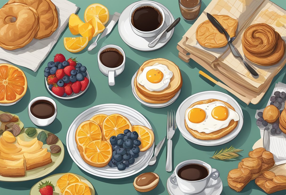A table set with a variety of breakfast foods, including fruit, pastries, and coffee, surrounded by art supplies and sketches
