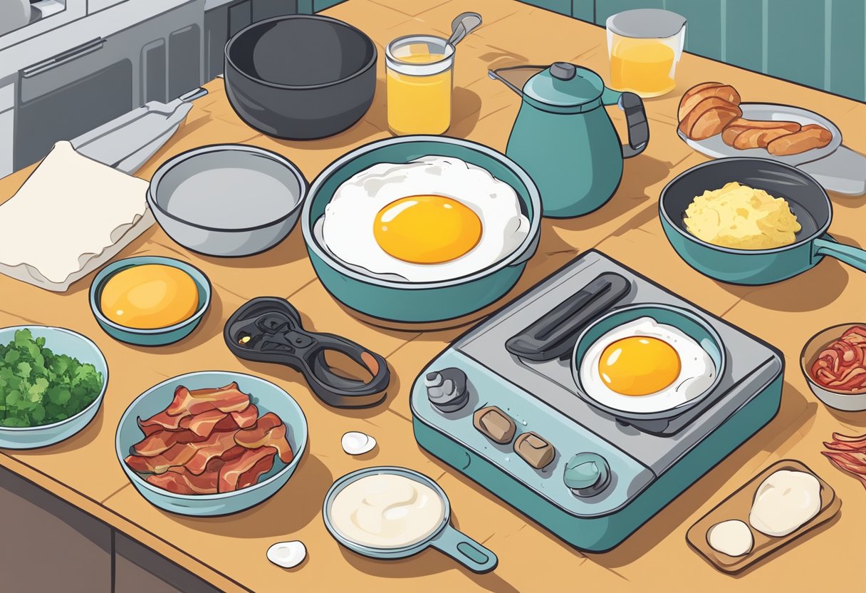 A kitchen counter with a toaster, frying pan, and mixing bowl. Ingredients like eggs, bacon, and flour are scattered around. A game controller sits nearby