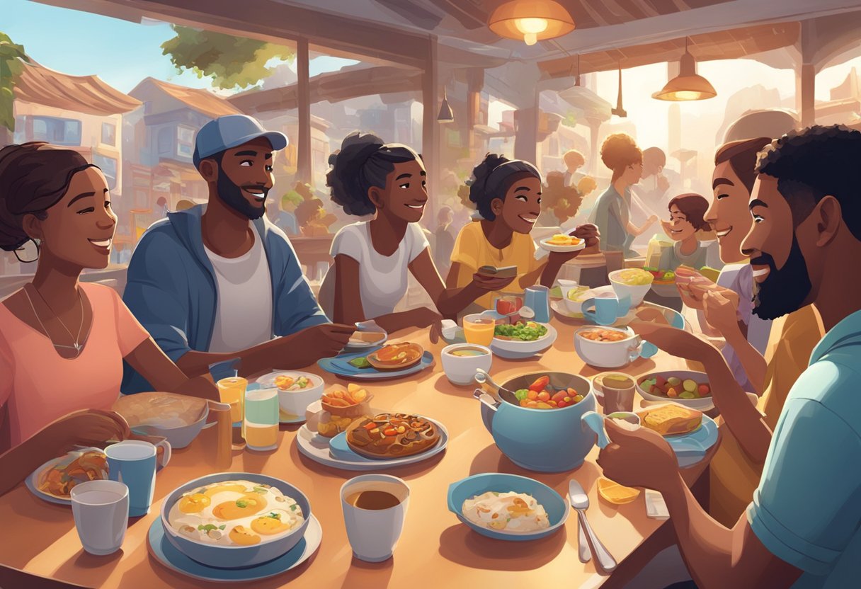 A bustling virtual world with diverse characters enjoying breakfast foods from different cultures, showcasing the cultural impact of breakfast in video games