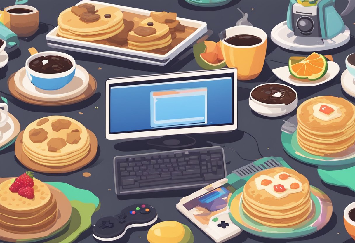 A table set with pixelated pancakes, fruit, and coffee, surrounded by game controllers and posters of popular video games