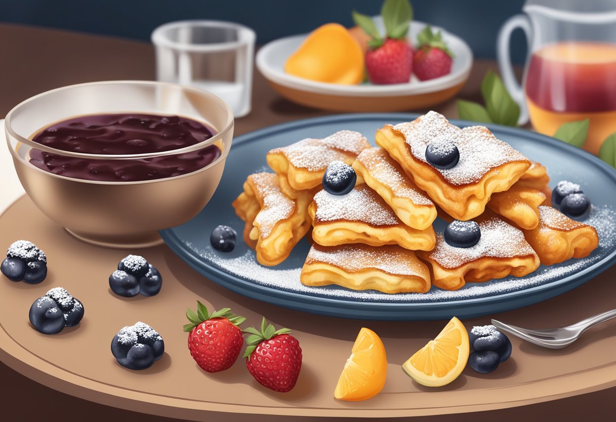 A table set with a plate of fluffy Kaiserschmarrn pancakes, sprinkled with powdered sugar and served with a side of warm fruit compote